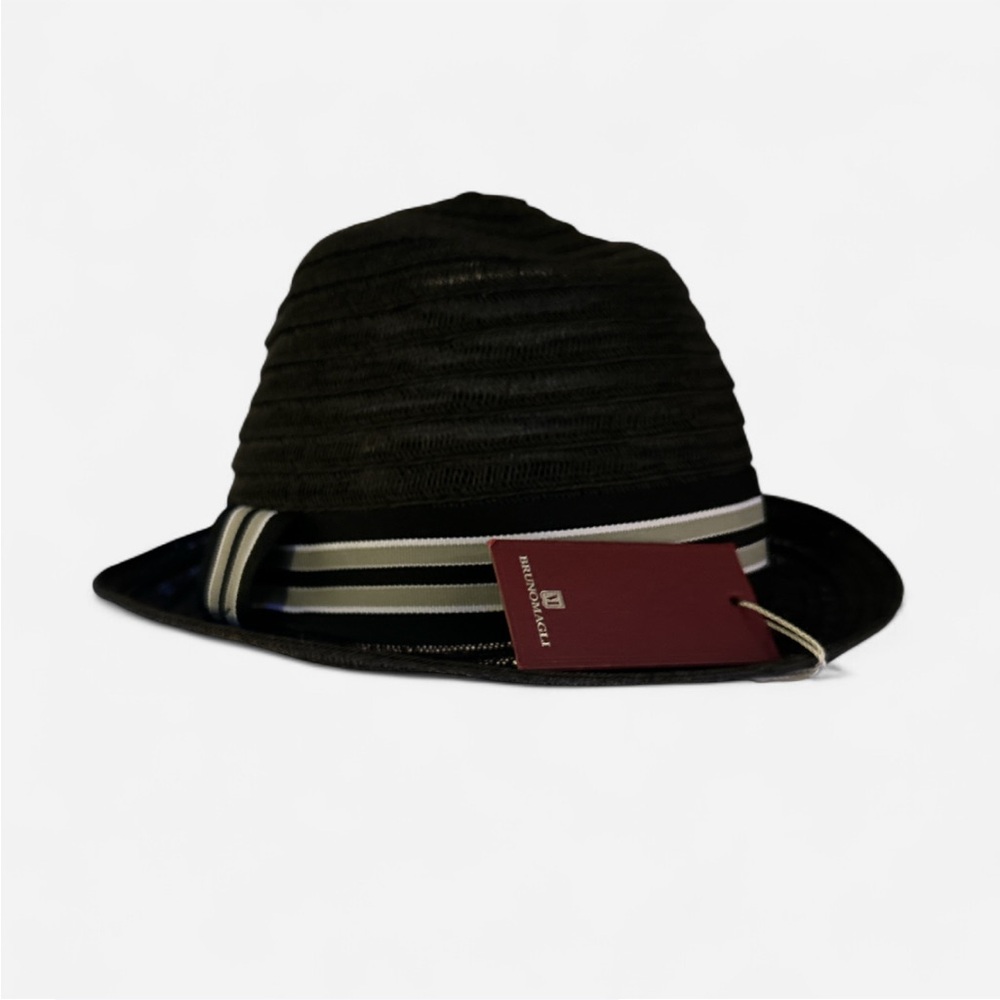 BRUNOMAGLI Black Hat with Striped Band. BRAND NEW , NEVER WORN